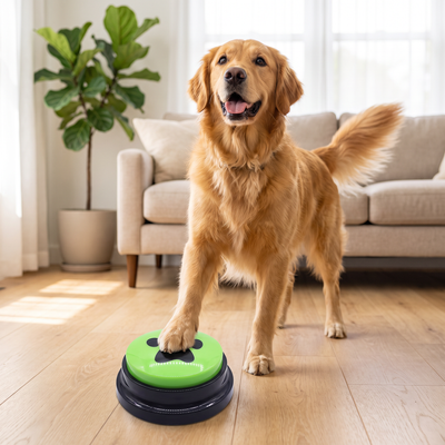 Golden retriever pressing a green PawTalk recordable button with its paw