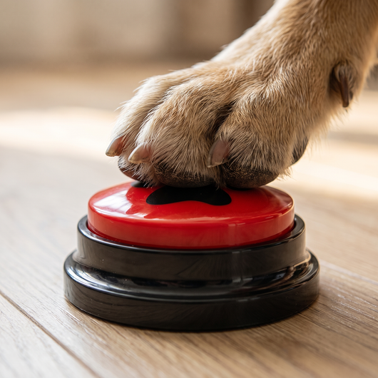 Close-up of a dog paw pressing a red PawTalk communication button
