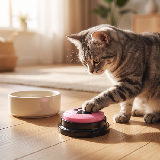 Cat pressing a pink PawTalk button next to its food bowl