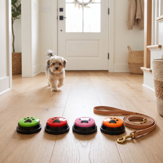 Four PawTalk buttons lined up by the front door with a dog leash